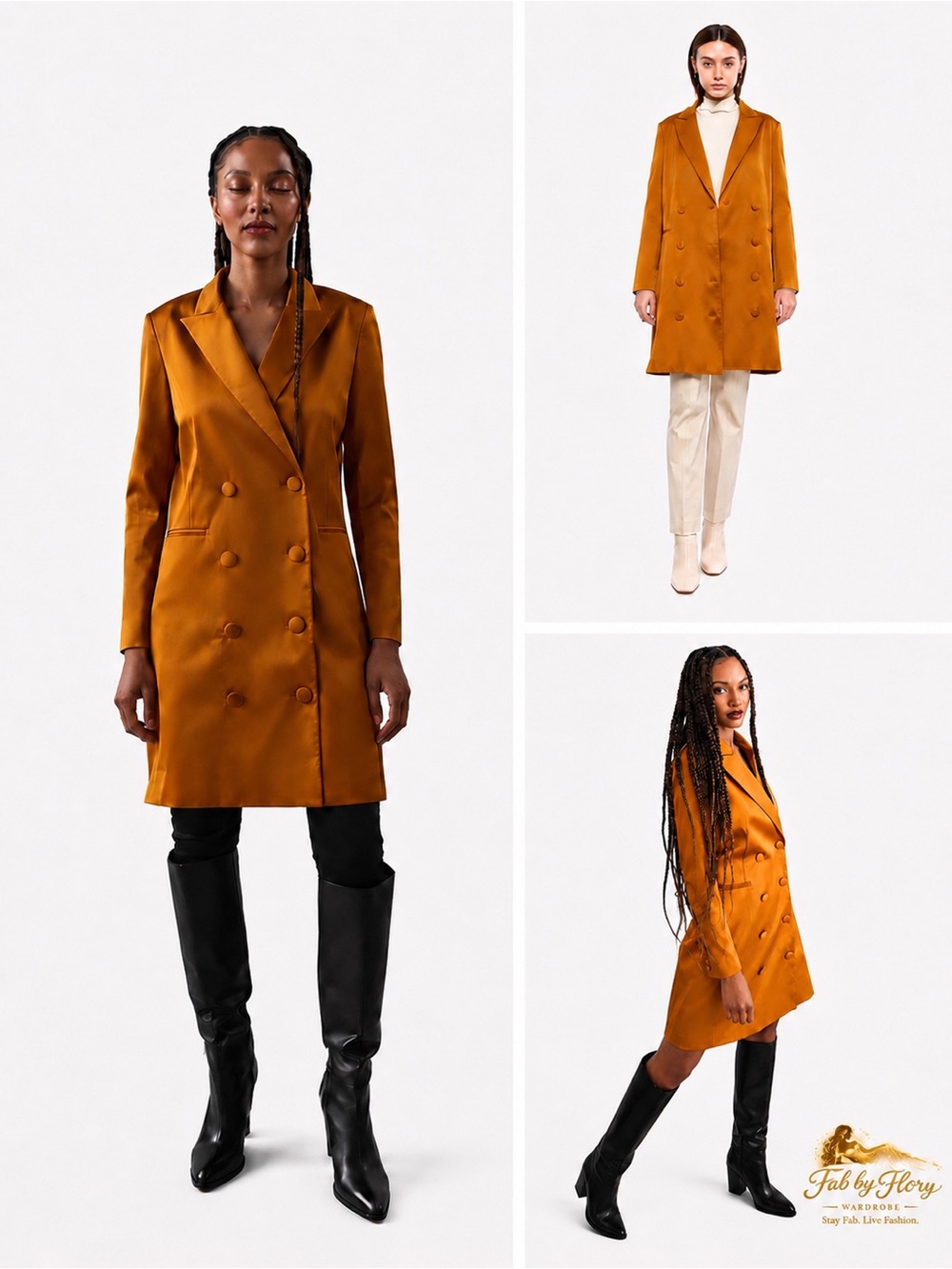 Hilary MacMillan Cognac Satin Double-Breasted Blazer Dress